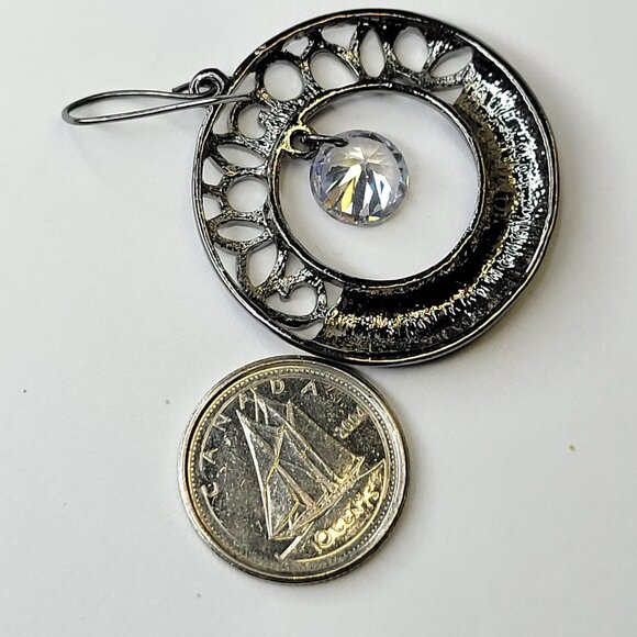 Black Filigree Round Earrings Black and Silver tone Dangle Earrings - Picture 10 of 11